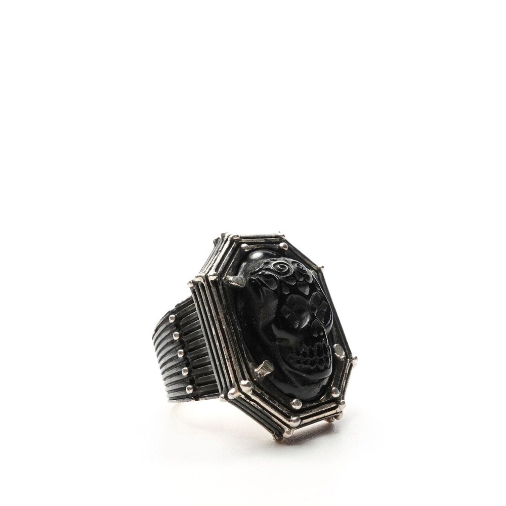 King Baby Studio Industrial Rivet Frame Carved Jet Skull Ring Fine Silver .925
